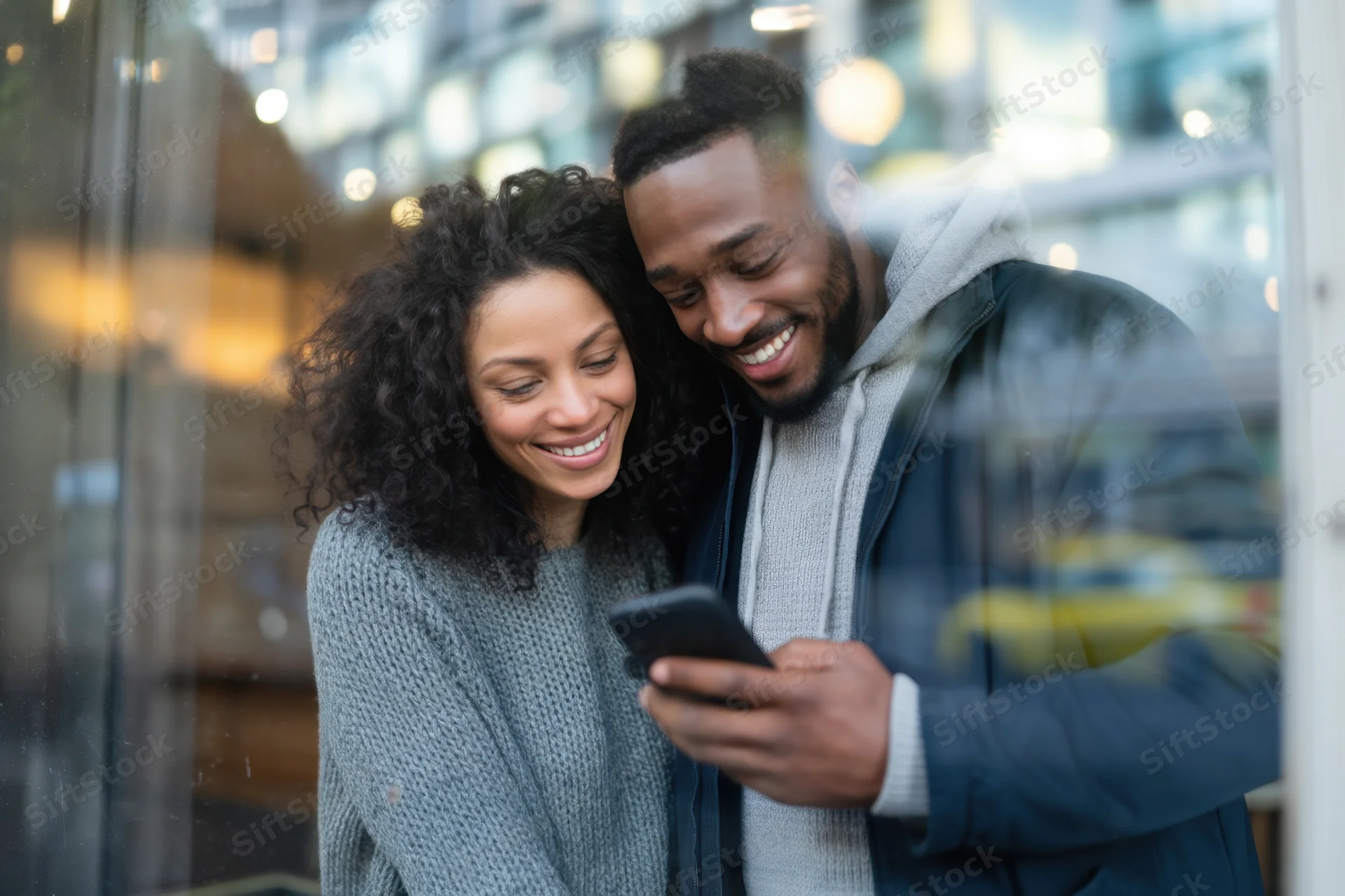 Couple smiling and looking at smartphone together through glass window in city