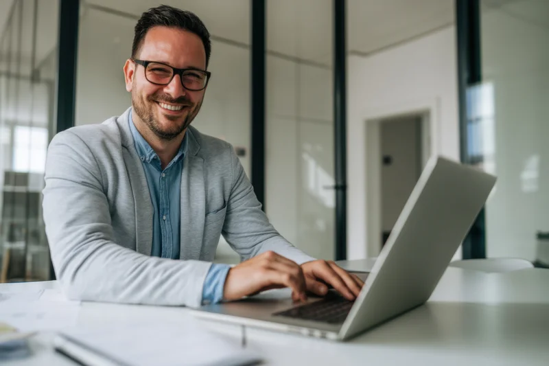Smiling man in gray blazer and blue shirt typing on laptop at office desk