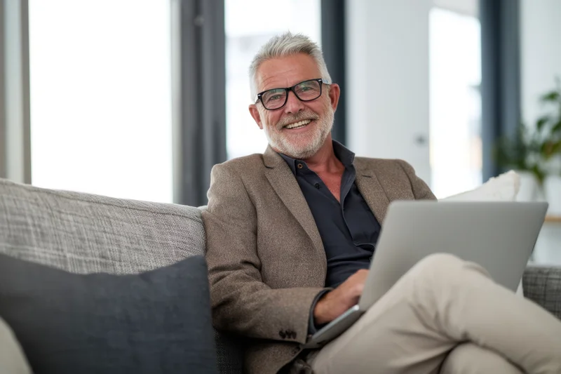 Smiling middle-aged man with gray hair and glasses using laptop on couch at home