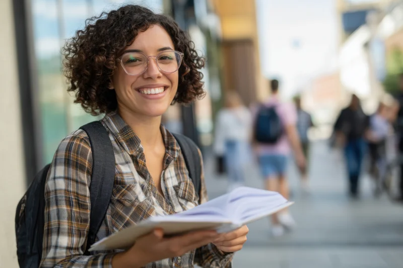 Smiling student in plaid shirt holding open notebook on campus sidewalk