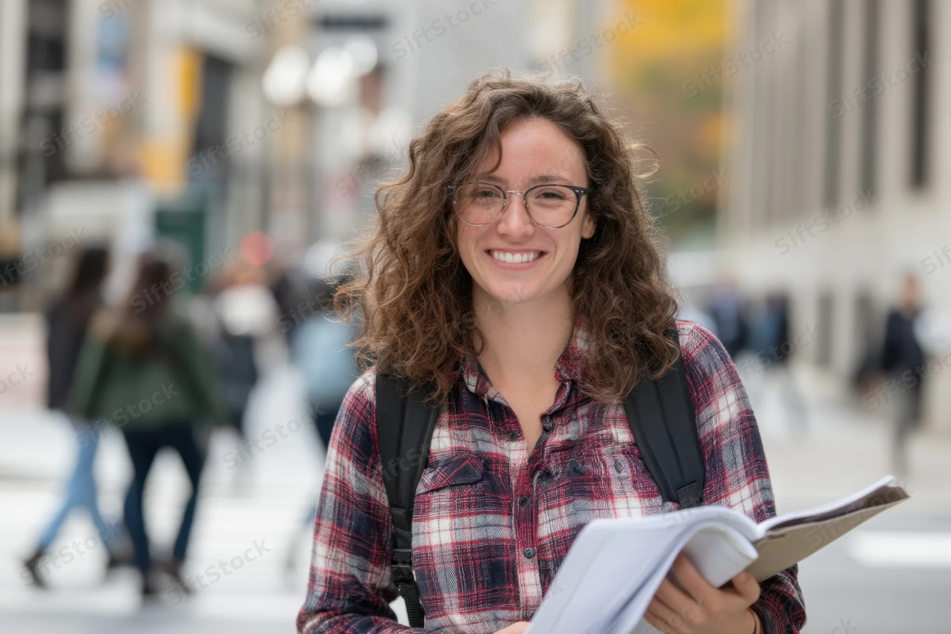 Smiling student in plaid shirt holding notebook on campus street