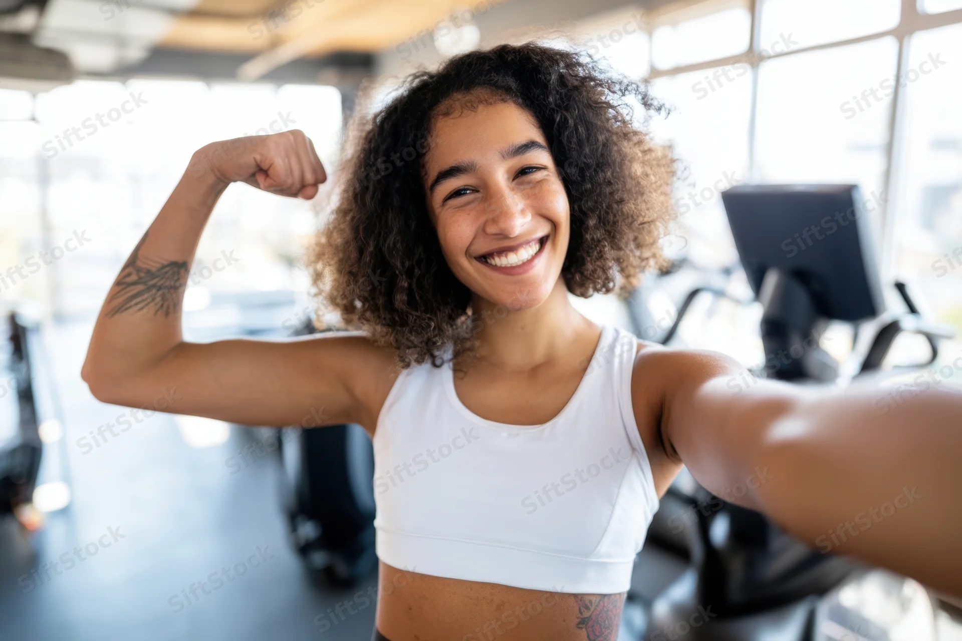 Young woman flexing bicep and smiling while taking selfie in gym