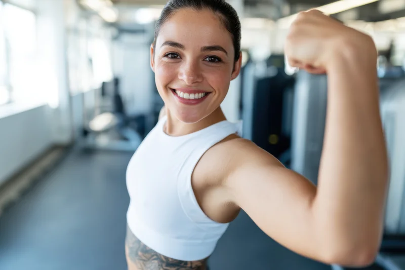 Woman flexing bicep in gym wearing white sports bra