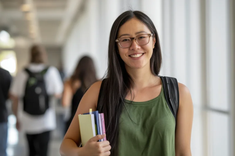 Smiling asian woman student holding books in a campus hallway with backpack