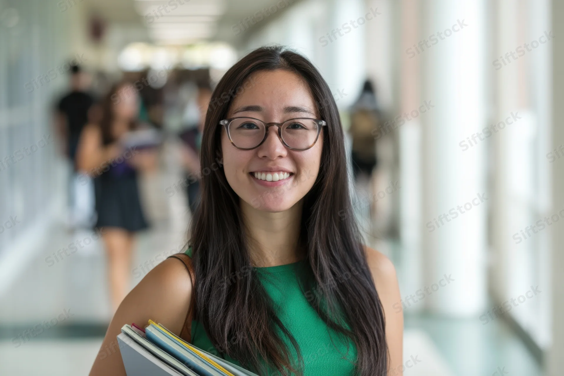 Smiling woman student holding books in a campus hallway