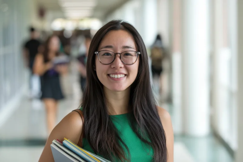 Smiling woman student holding books in a campus hallway