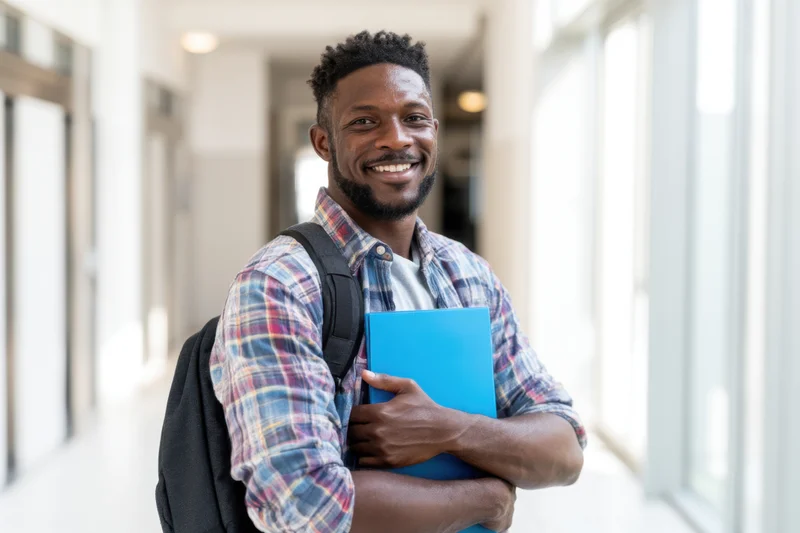 Young african man smiling while holding a blue folder and wearing a backpack in a bright hallway