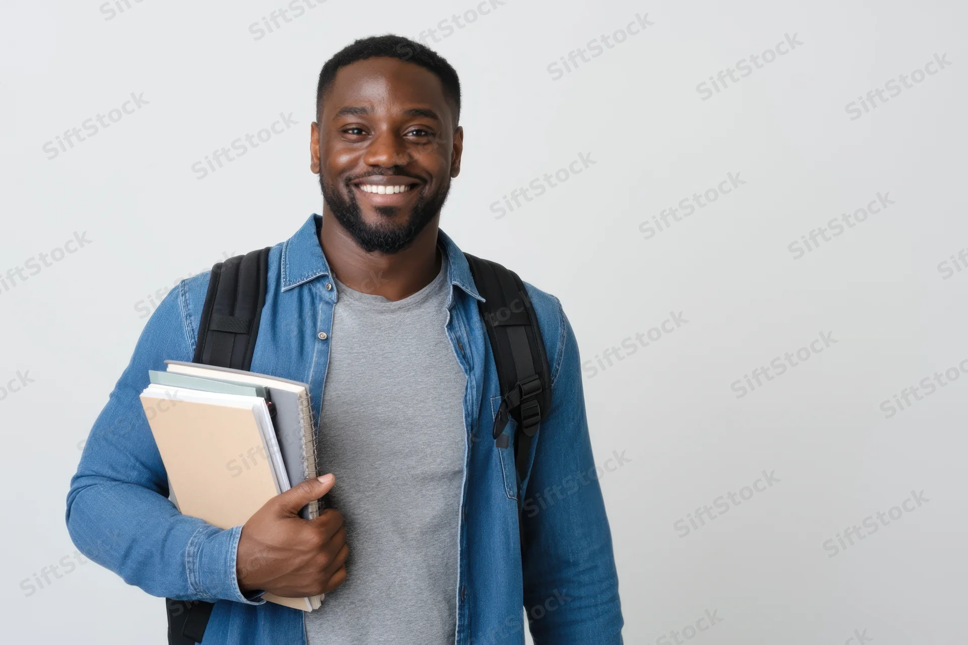 Smiling young african man with backpack holding books in studio setting