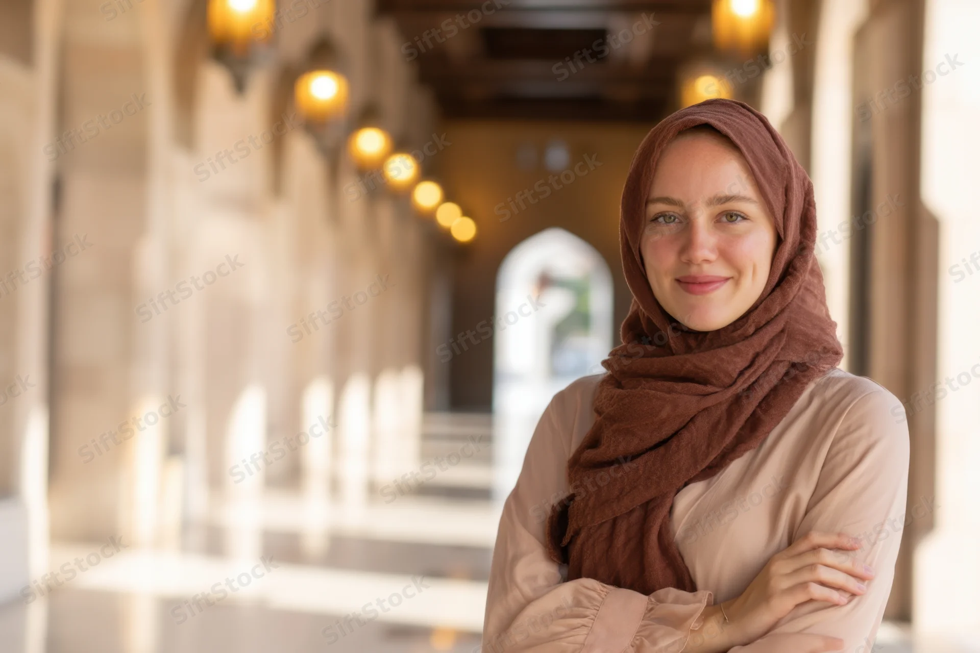 Woman wearing brown hijab and beige blouse standing in a stone corridor with arms crossed, smiling at camera