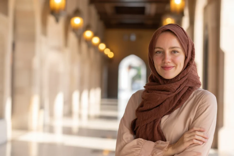 Woman wearing brown hijab and beige blouse standing in a stone corridor with arms crossed, smiling at camera