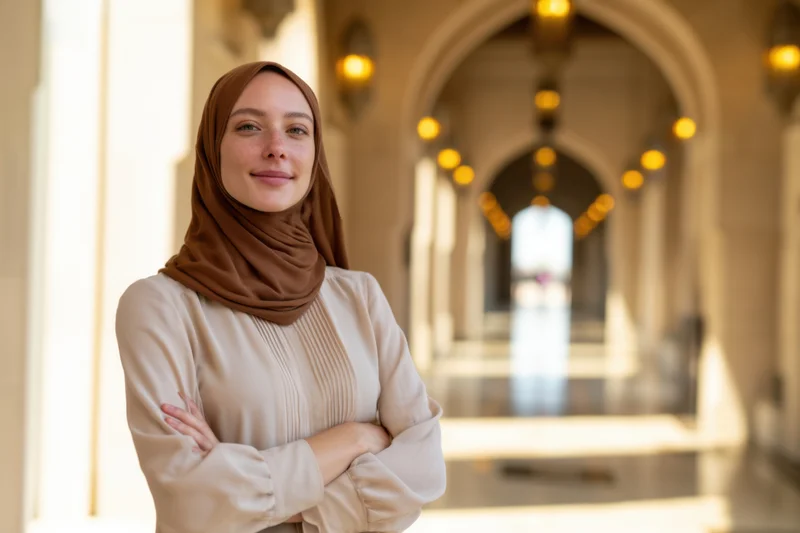 Woman in brown hijab and beige blouse standing with arms crossed in a sunlit arched hallway
