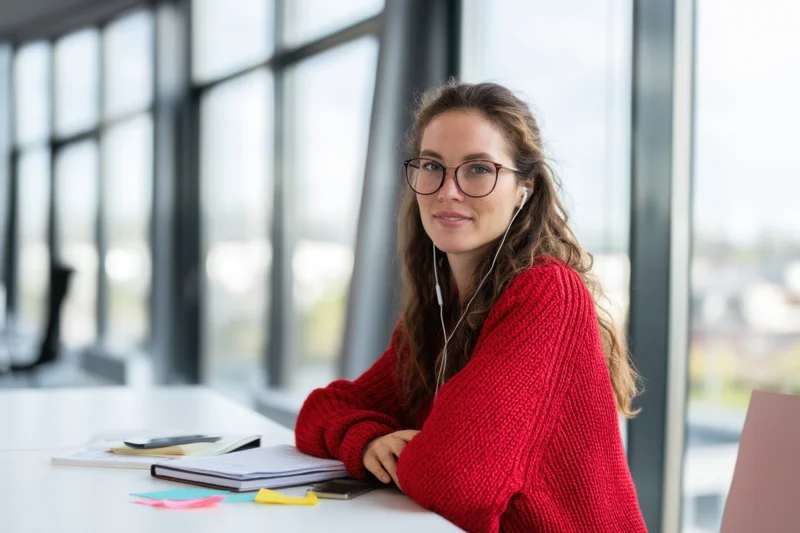 Woman in red sweater studying at white desk by large window in modern office
