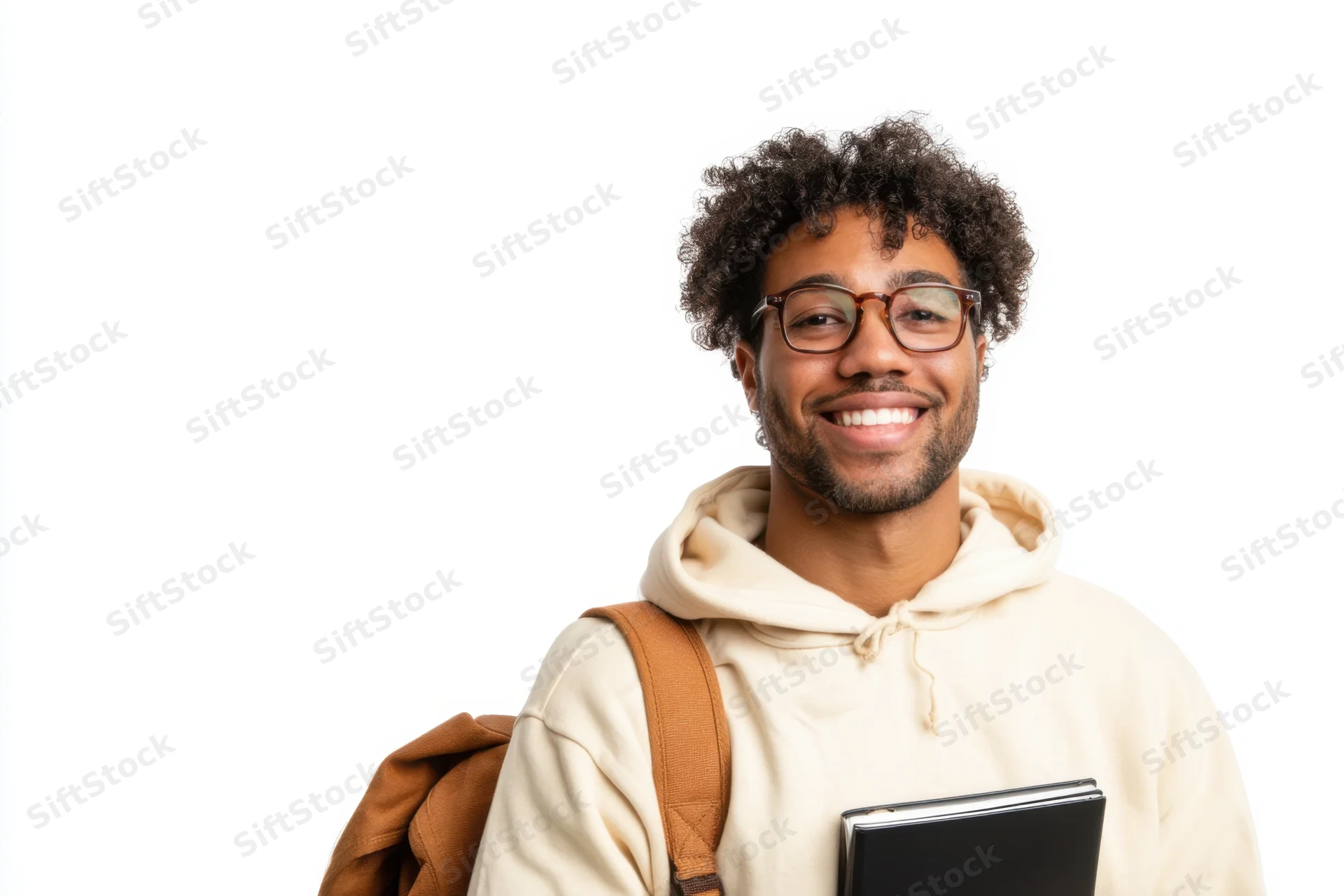 Young man with curly hair and glasses smiling while holding a tablet and wearing a backpack and cream hoodie against white background
