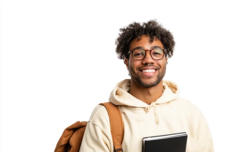 Young man with curly hair and glasses smiling while holding a tablet and wearing a backpack and cream hoodie against white background