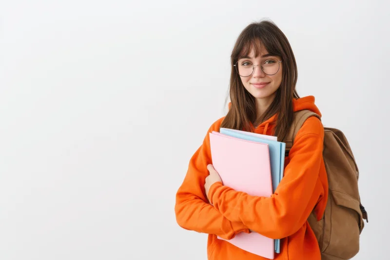 Young woman student smiling while holding notebooks and wearing backpack and orange hoodie in studio setting
