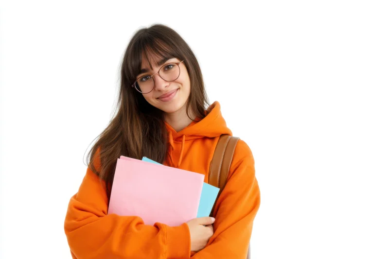 Young woman in orange hoodie holding notebooks and wearing glasses, smiling at camera against white background