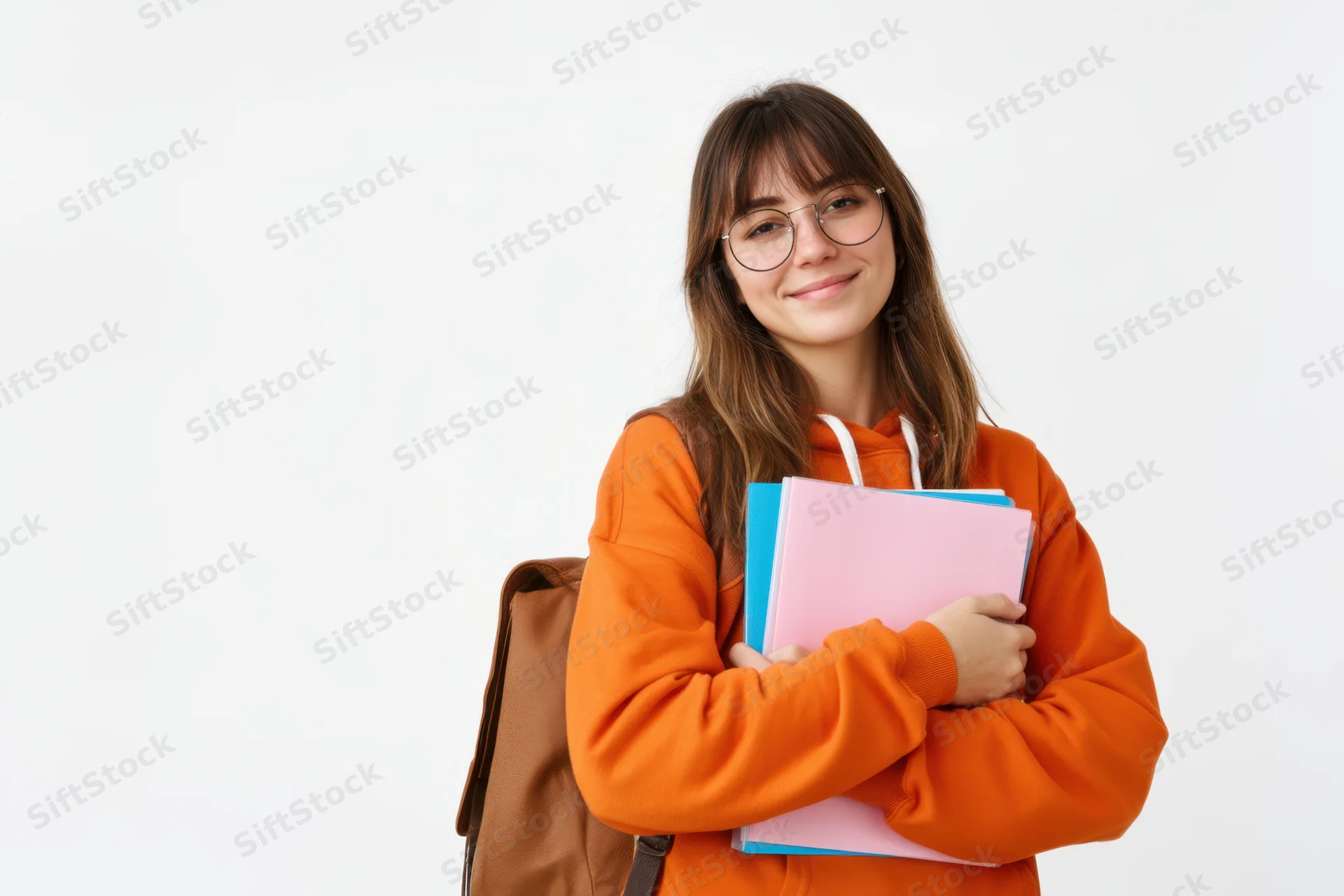 Young woman student smiling while holding notebooks and wearing backpack and orange hoodie against white background