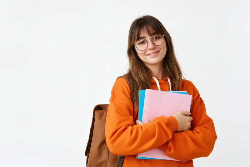 Young woman student smiling while holding notebooks and wearing backpack and orange hoodie against white background
