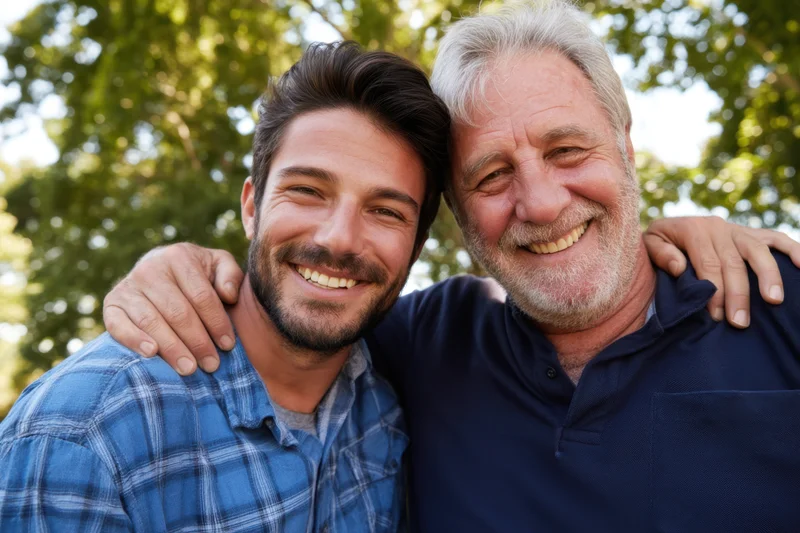 Father and son smiling together outdoors with arms around each other