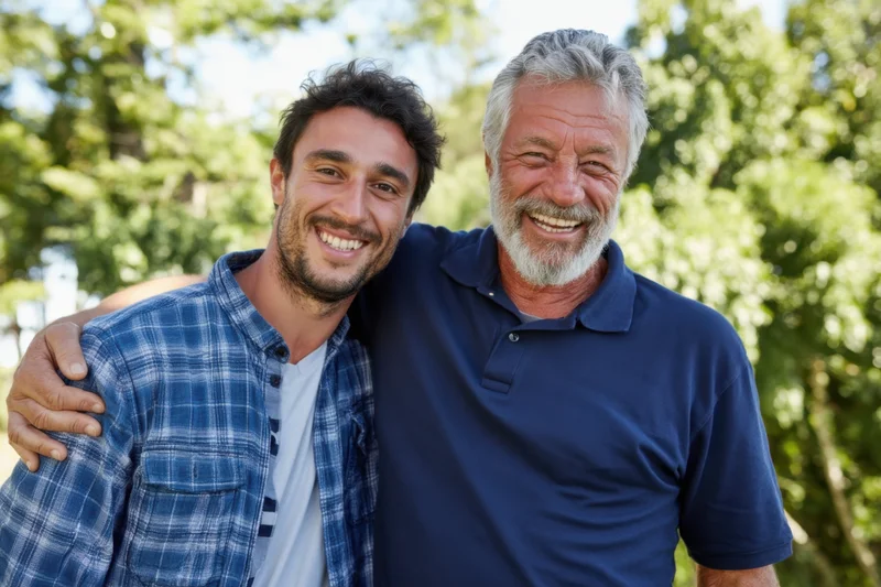 Father and son smiling together outdoors with trees in the background