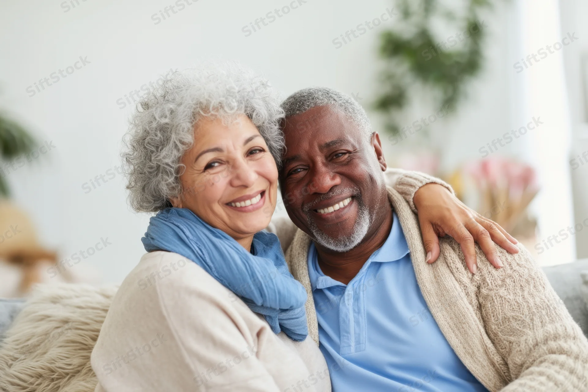 Senior couple smiling and embracing while sitting close together on a sofa in a living room