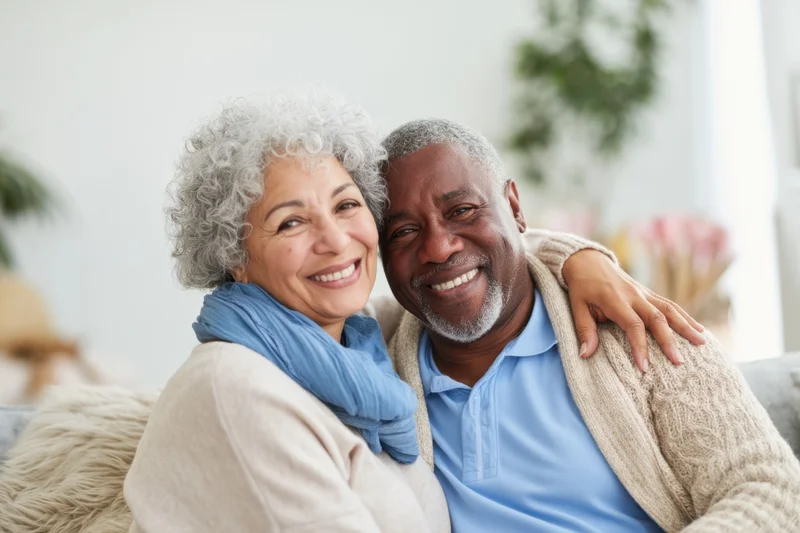 Senior couple smiling and embracing while sitting close together on a sofa in a living room