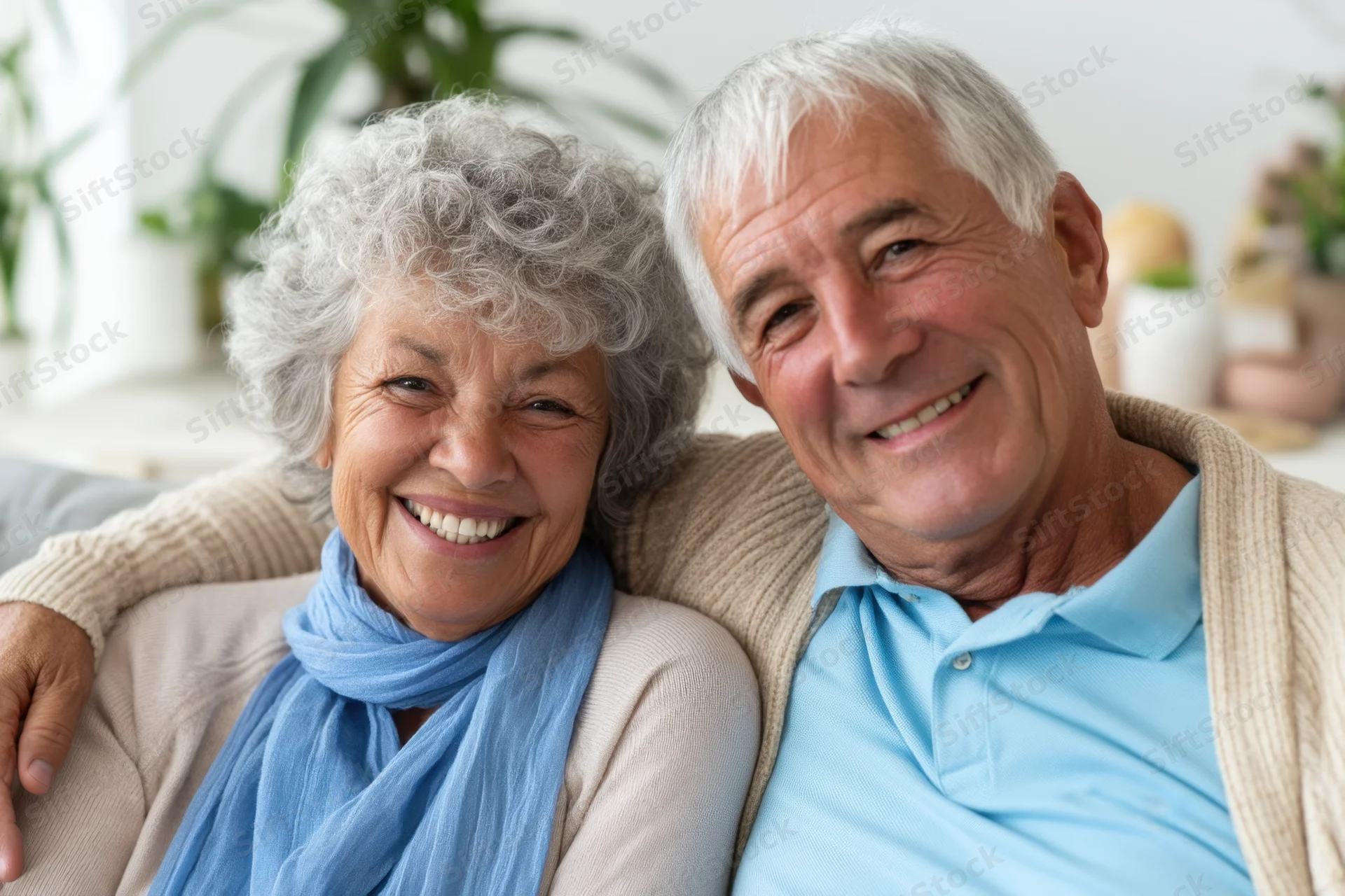 Elderly couple smiling closely together on a sofa in a bright living room