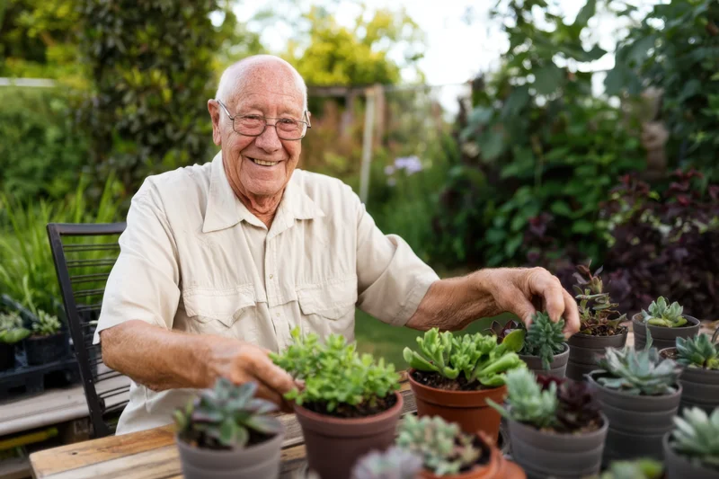 Senior man smiling while tending succulents in garden pots on wooden table