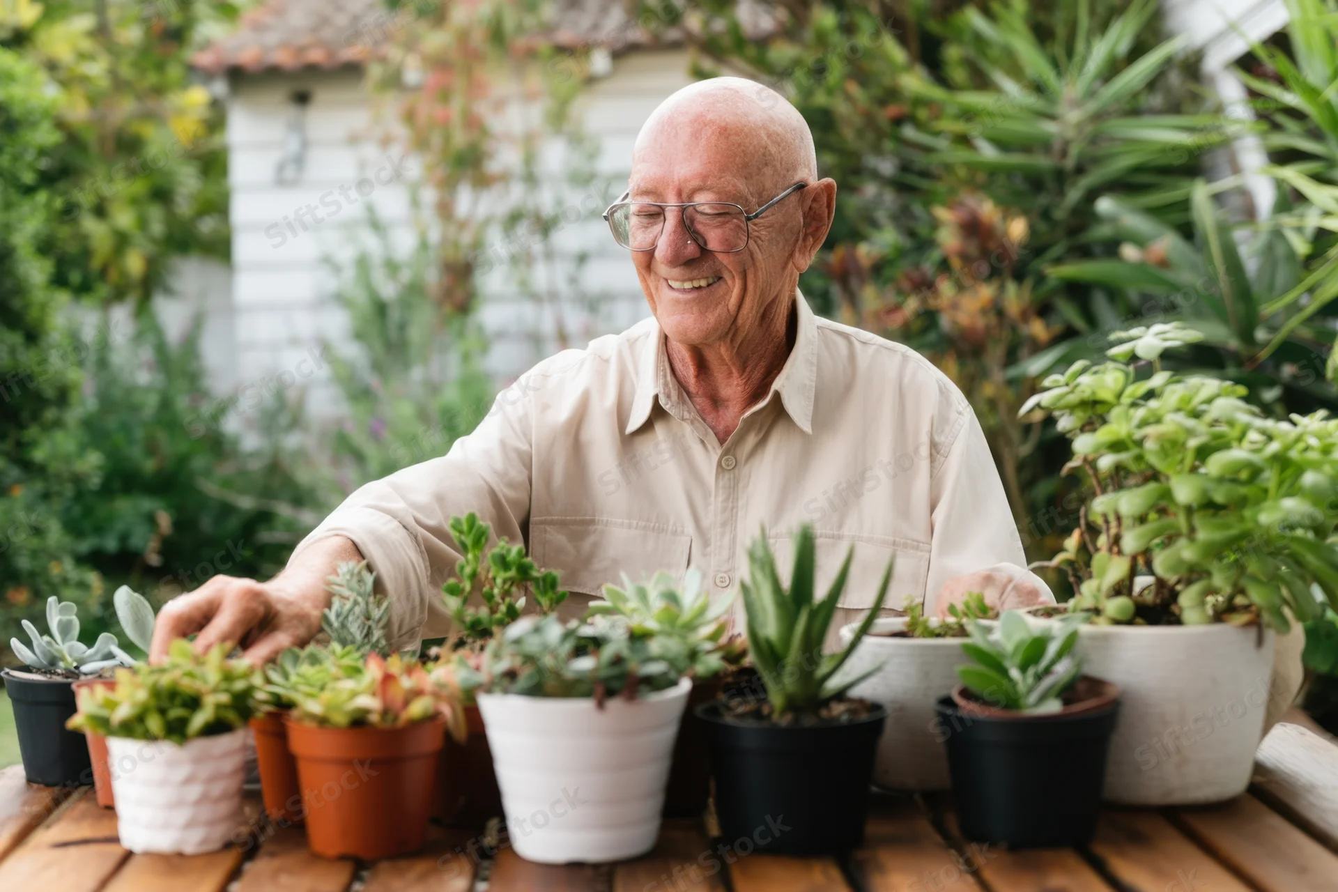 Senior man smiling while tending succulents on a wooden table in a garden