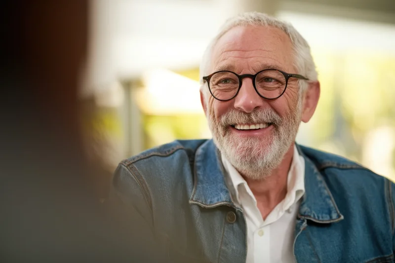 Smiling senior man with white beard and round glasses in casual denim jacket during outdoor conversation