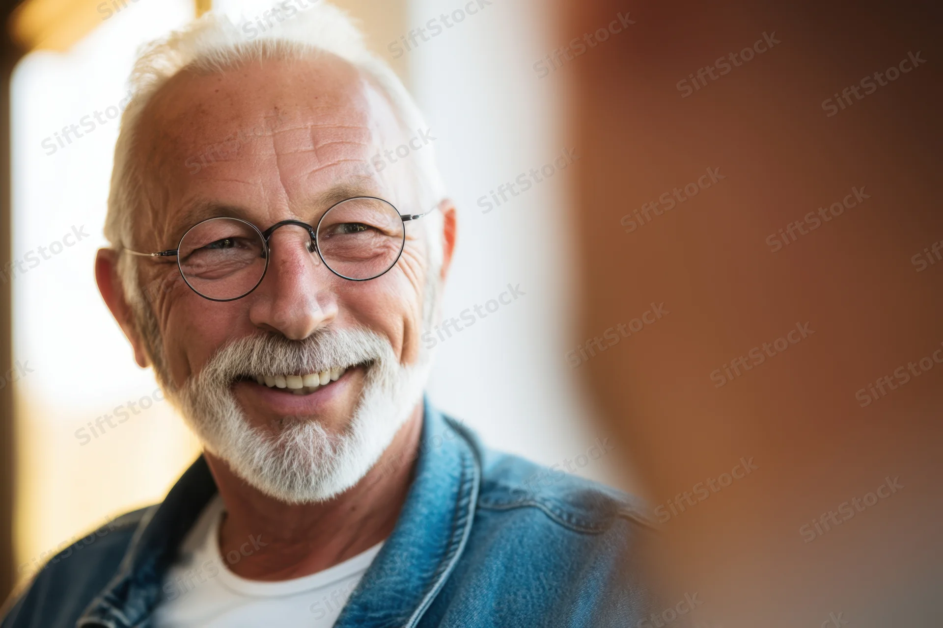 Smiling senior man with white beard and round glasses in casual denim jacket during conversation indoors