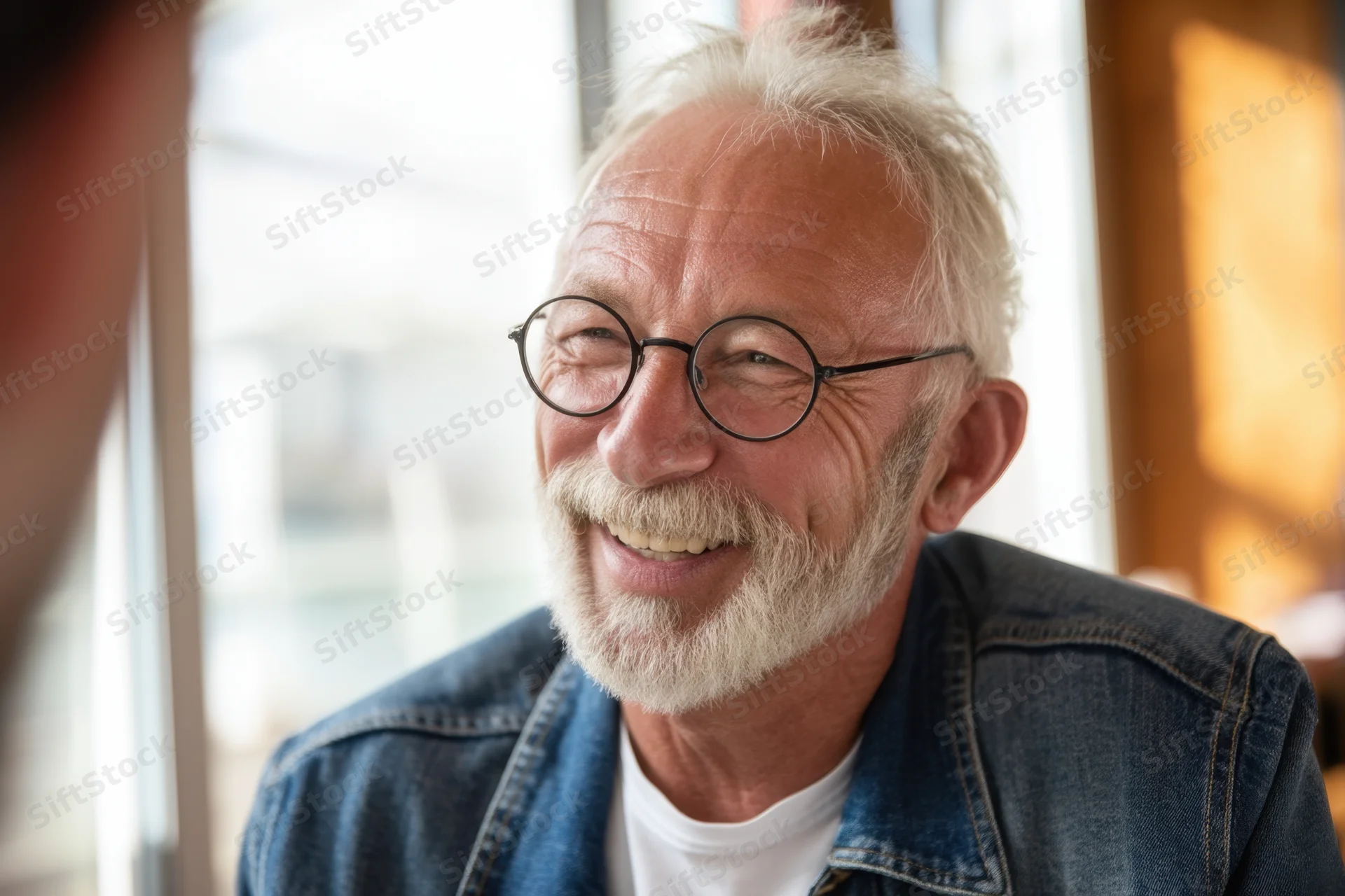 Senior man with white beard and round glasses smiling during conversation indoors