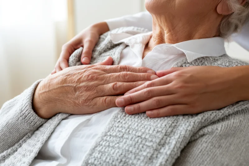 Elderly woman receiving gentle hand support on her shoulder in a home setting