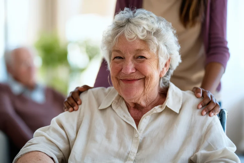 Elderly woman smiling while seated in wheelchair with caregiver’s hands on her shoulders in a home setting