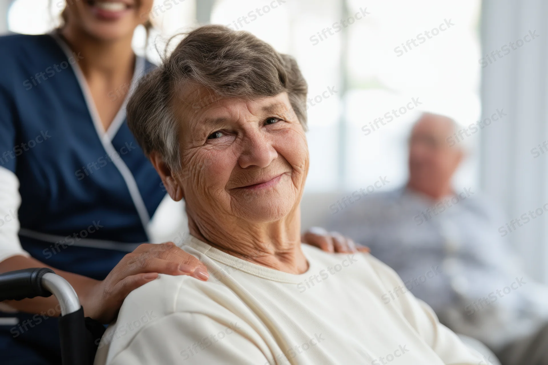 Elderly woman smiling in wheelchair with caregiver’s hands on her shoulders indoors