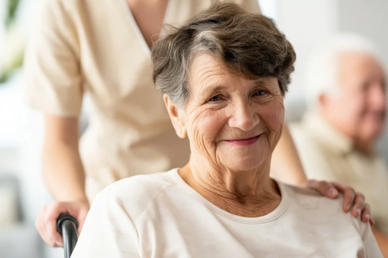 Elderly woman smiling while being assisted with a walker by a caregiver indoors