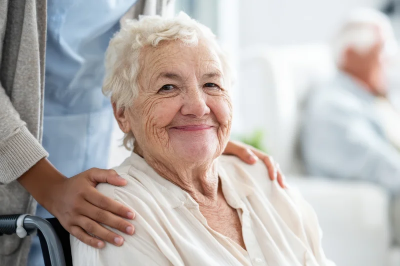 Elderly woman smiling in wheelchair with caregiver’s hands on her shoulders indoors