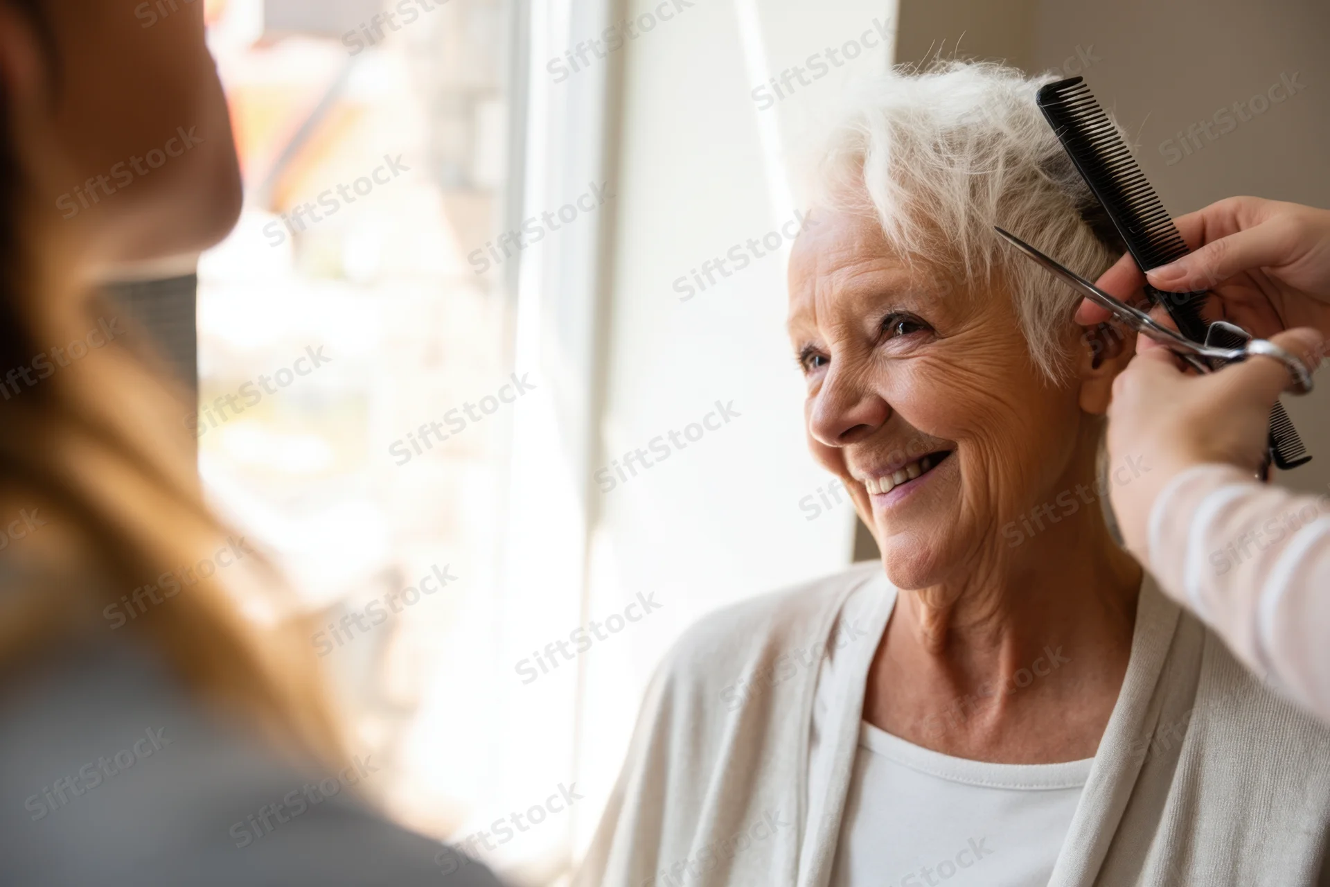 Elderly woman smiling while receiving a haircut by a stylist near a sunny window