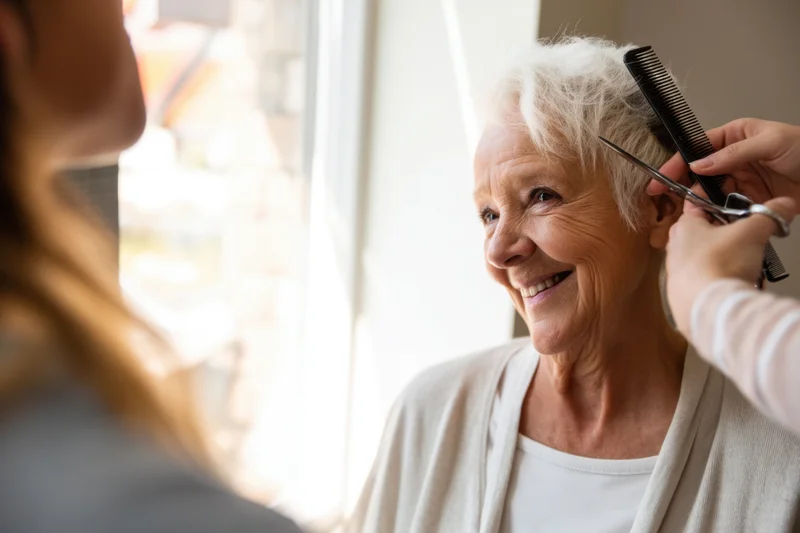 Elderly woman smiling while receiving a haircut by a stylist near a sunny window