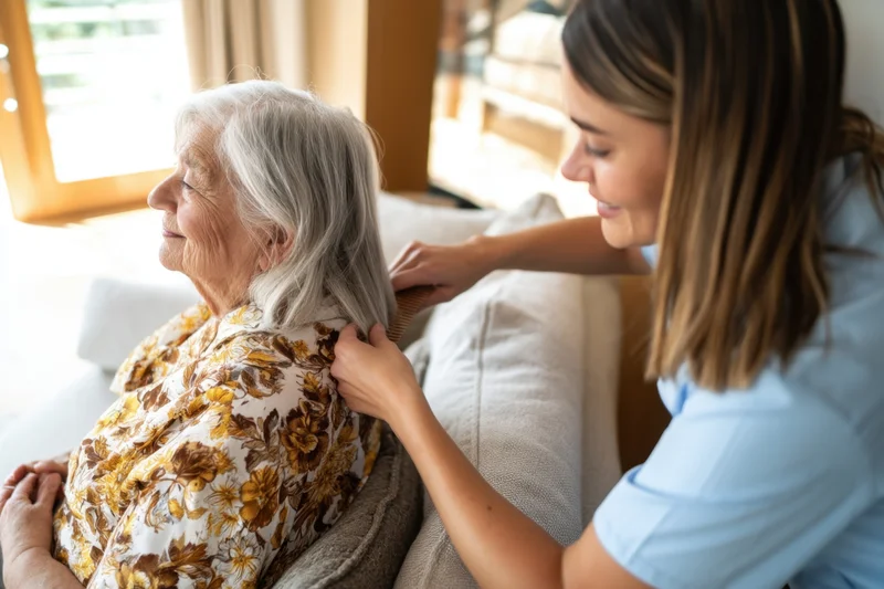 Elderly woman sitting on sofa while caregiver brushes her silver hair with a comb in a sunlit living room