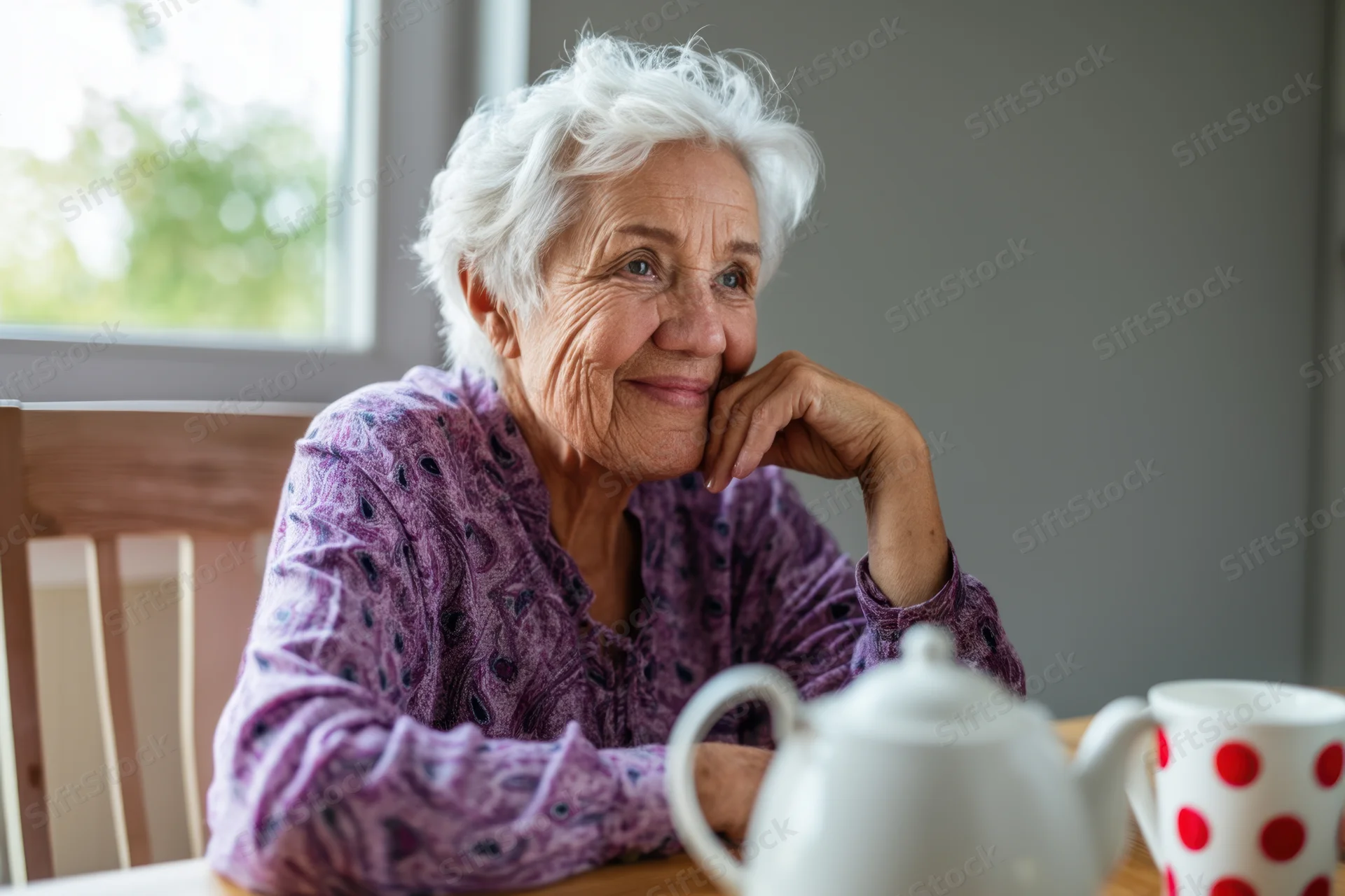Elderly woman smiling with hand on chin at kitchen table beside teapot and polka-dot mug