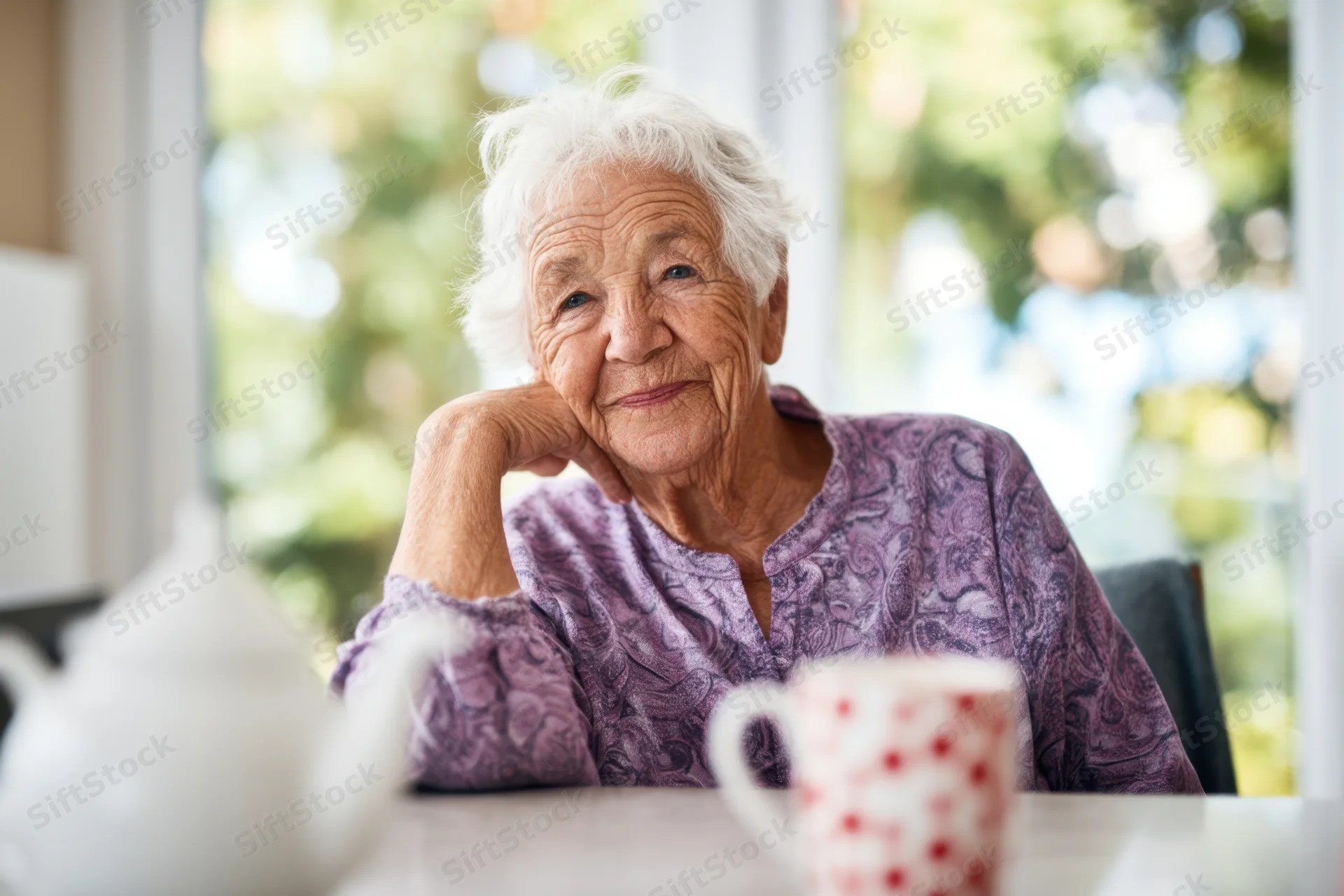 Elderly woman smiling while seated at kitchen table with tea cup and teapot