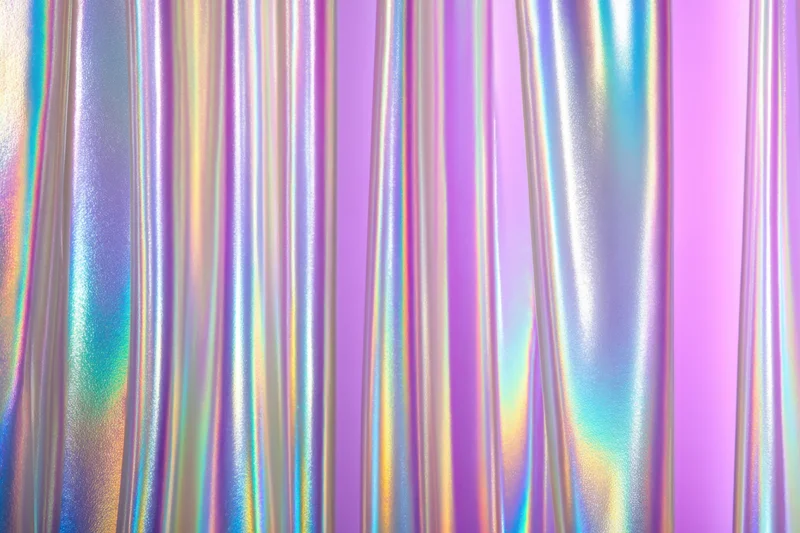 Iridescent metallic curtain with vertical folds shimmering in rainbow hues