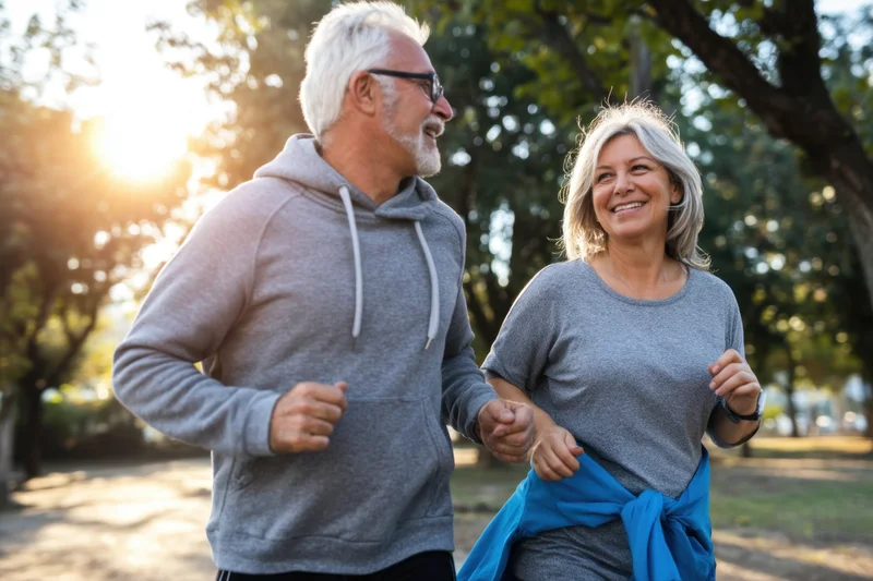 Senior couple jogging together in a sunlit park path