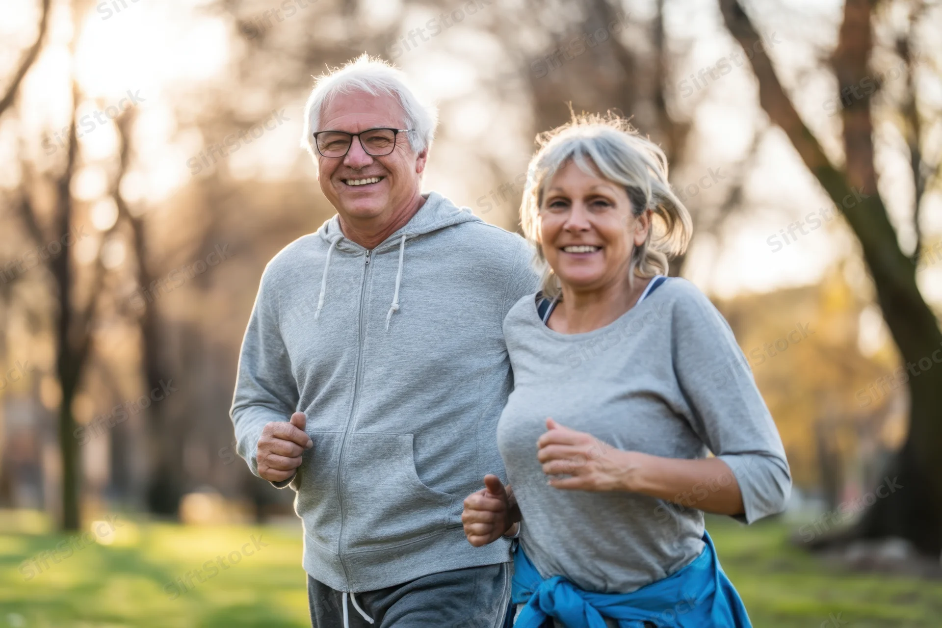 Senior couple jogging together in a sunlit park