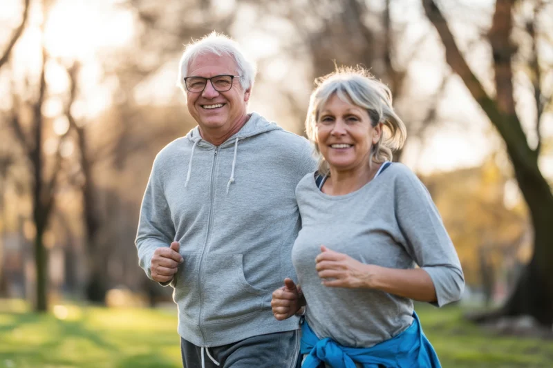 Senior couple jogging together in a sunlit park