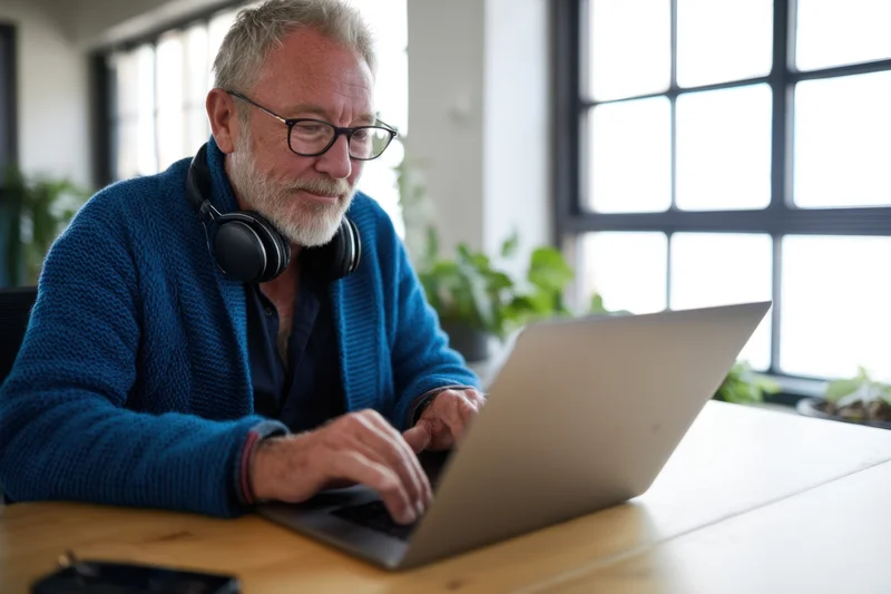 Senior man with gray beard and glasses working on laptop at wooden desk near window