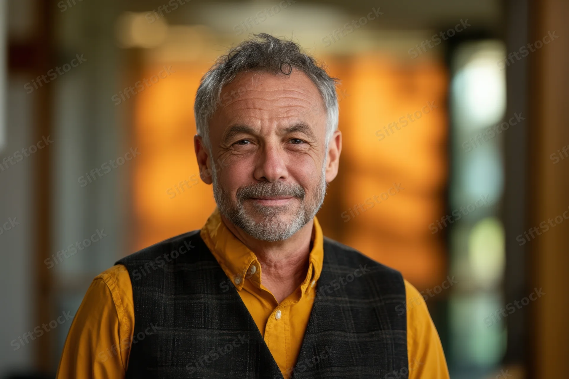 Smiling senior man in yellow shirt and plaid vest indoors