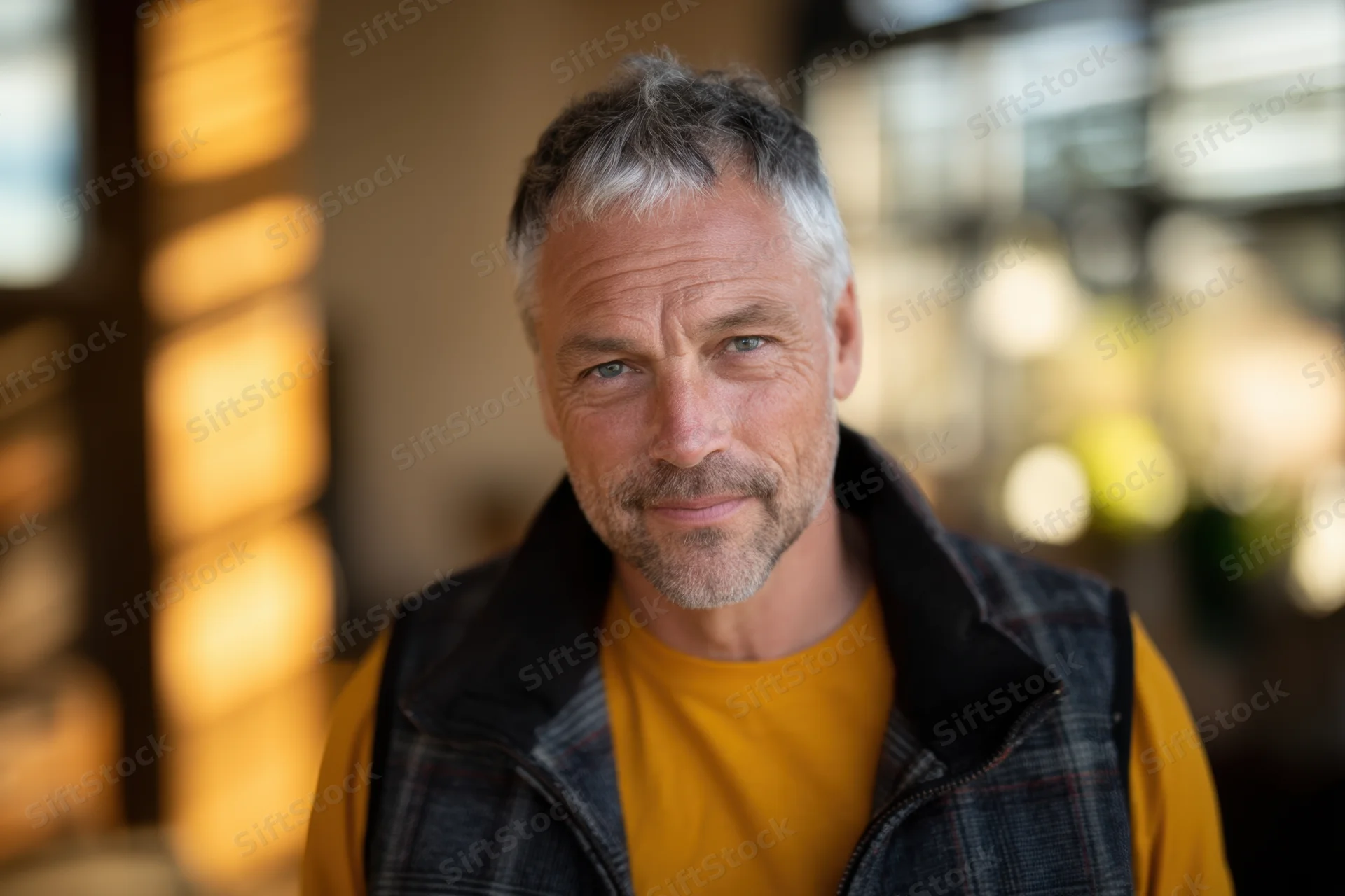 Middleaged man smiling in a warm indoor setting wearing a plaid vest over a yellow tshirt