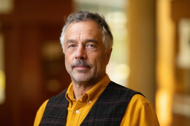 Senior man in yellow shirt and plaid vest smiling at camera in office interior